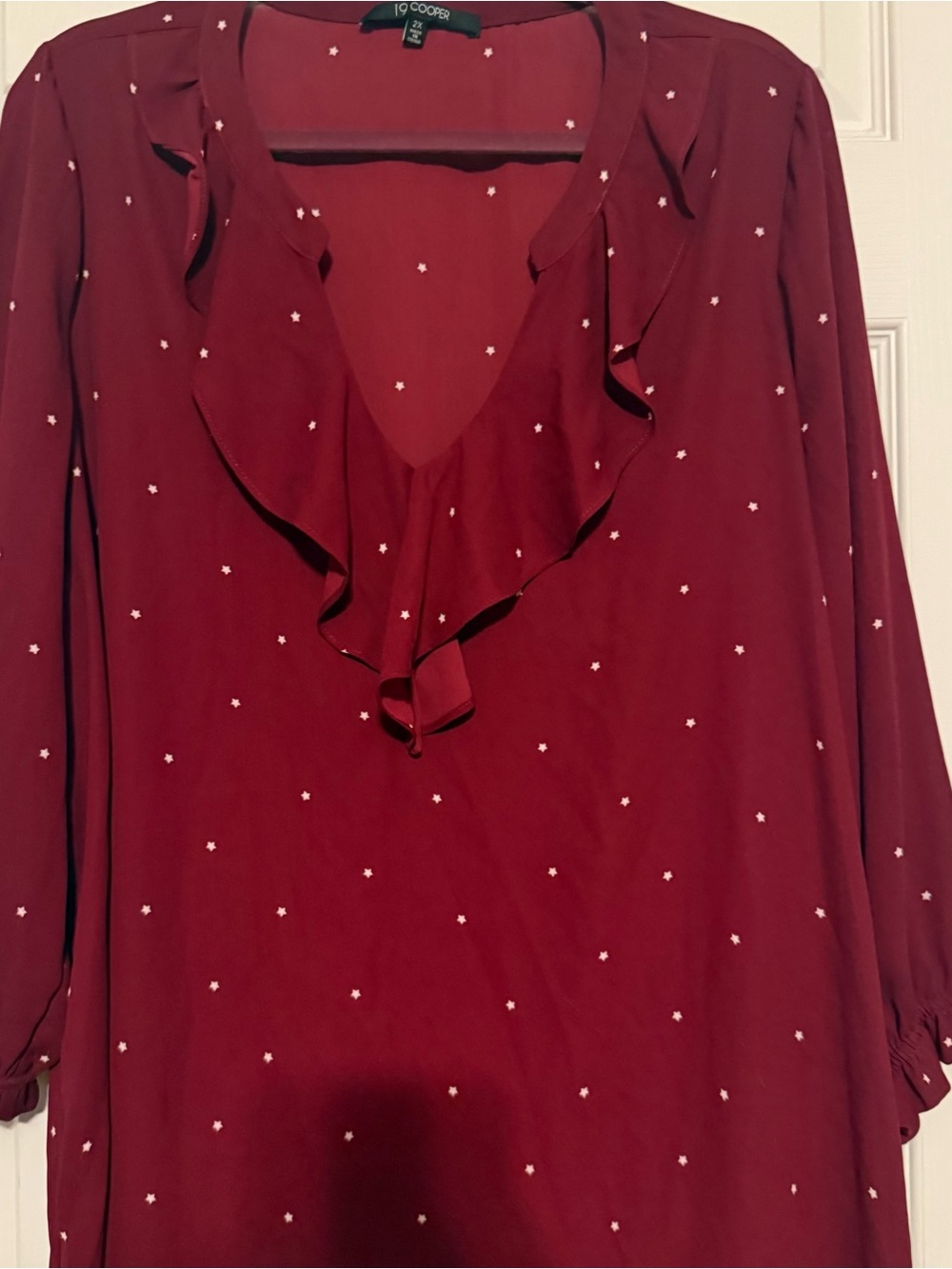 19 Cooper Burgundy Red Ruffle V-Neck Blouse with White Micro Dots